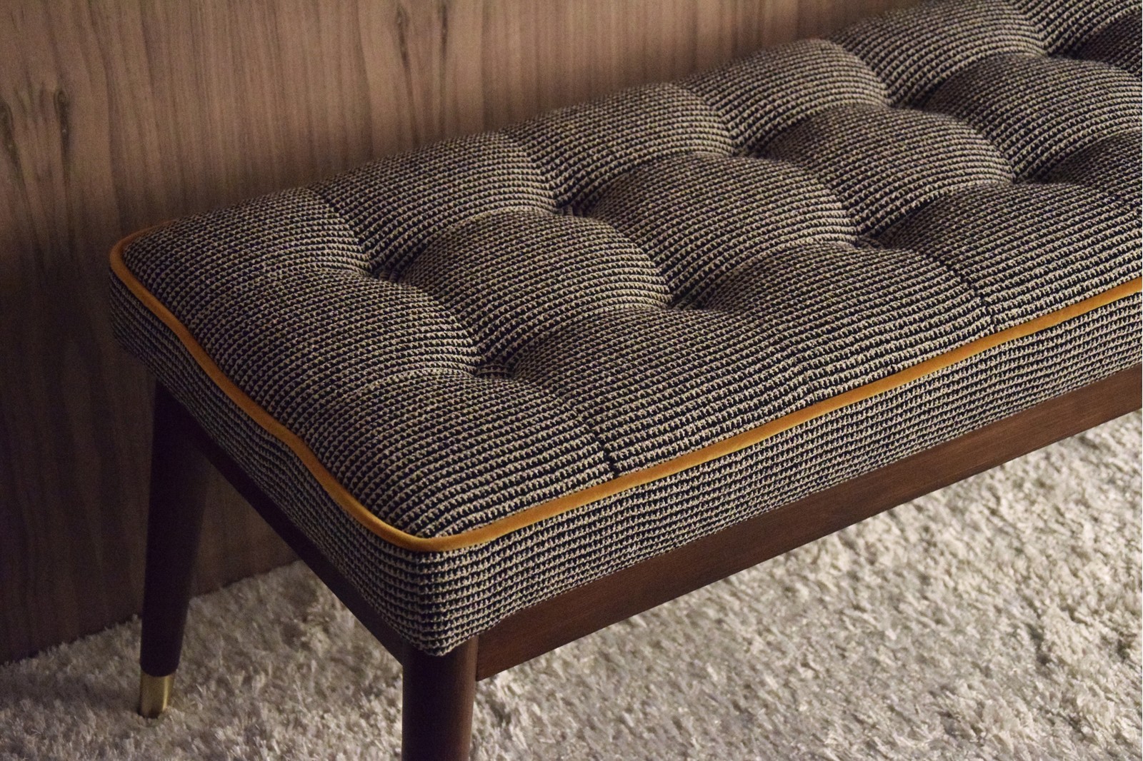 BENCH. BEIGE GREY AND BLACK PATTERN FABRIC