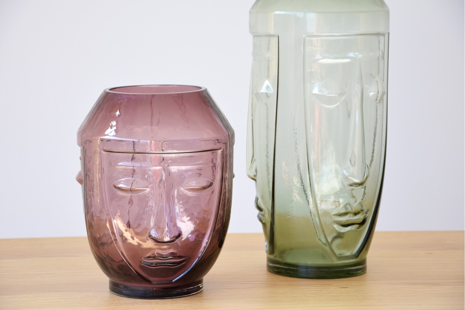 SET 2 GLASS VASES. THREE FACES GREEN AND PINK