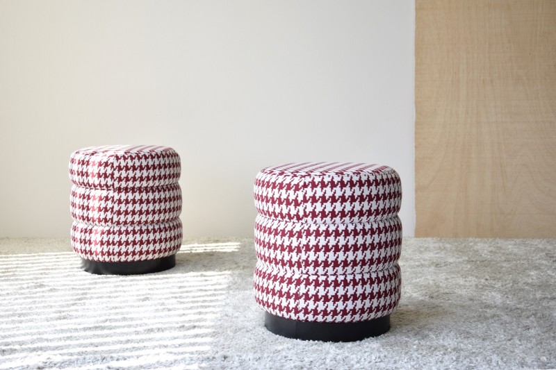 SET 2 STOOLS. HOUNDSTOOTH FABRIC.MAROON AND WHITE