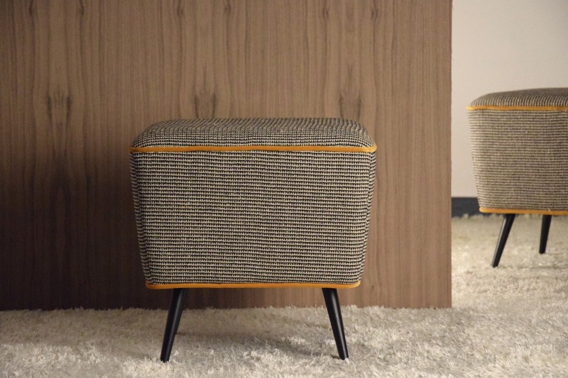 SQUARE STOOL. GREY AND BEIGE PATTERN FABRIC