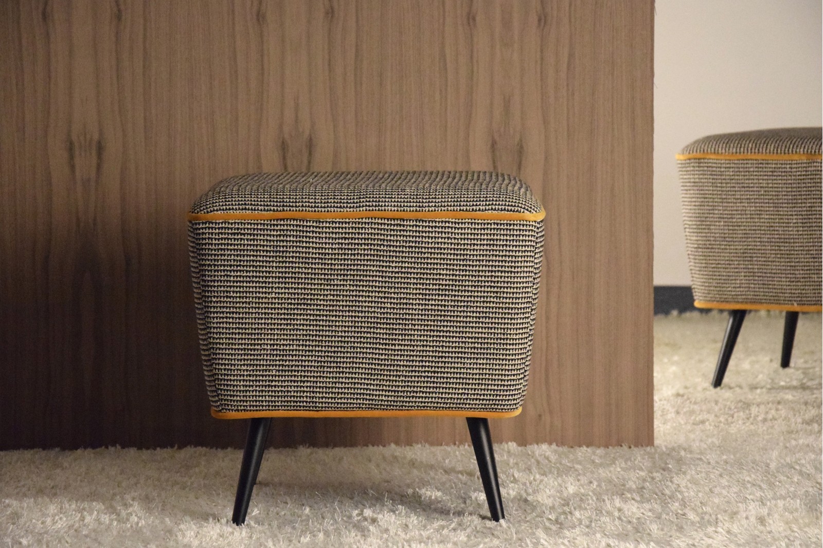 SQUARE STOOL. GREY AND BEIGE PATTERN FABRIC