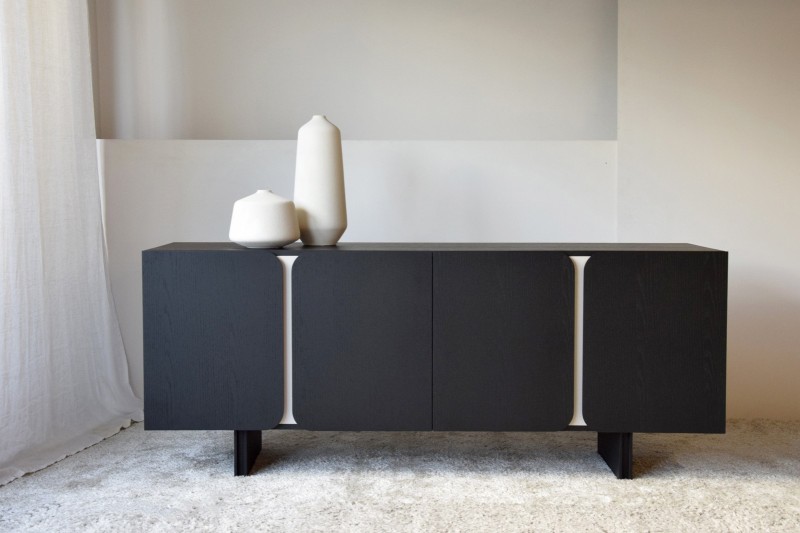 CURVE SIDEBOARD. BLACK OAK AND SAND GRAY