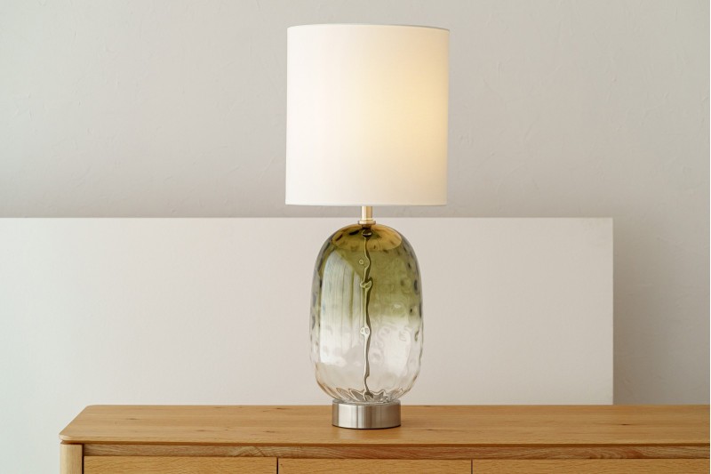 KAL TABLE LAMP. GREEN GLASS WITH LAMPSHADE