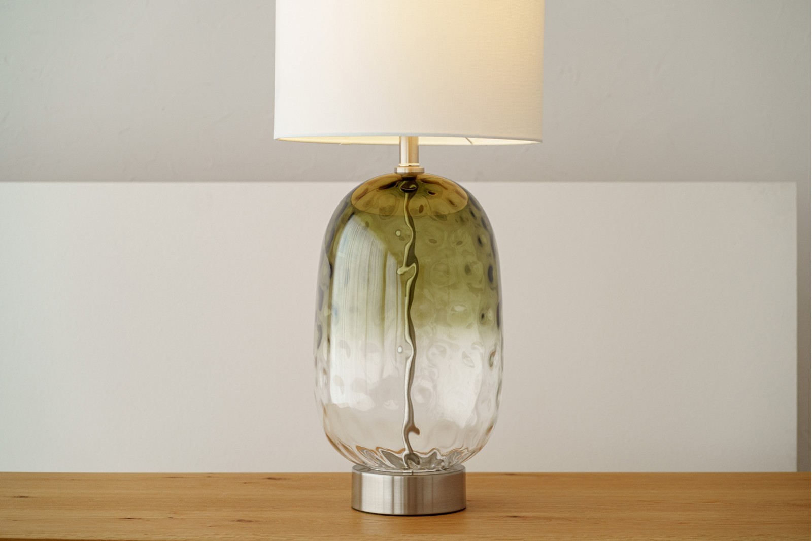 KAL TABLE LAMP. GREEN GLASS WITH LAMPSHADE