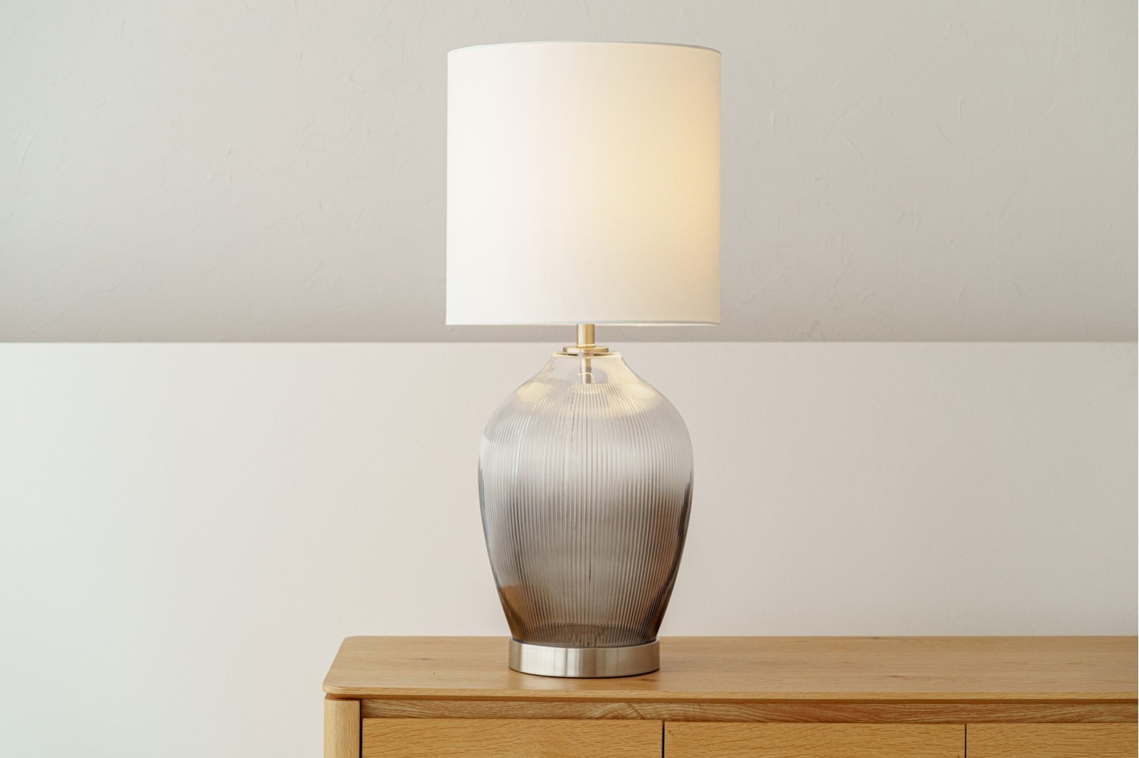 ARC TABLE LAMP. GREY SMOKED GLASS WITH LAMPSHADE