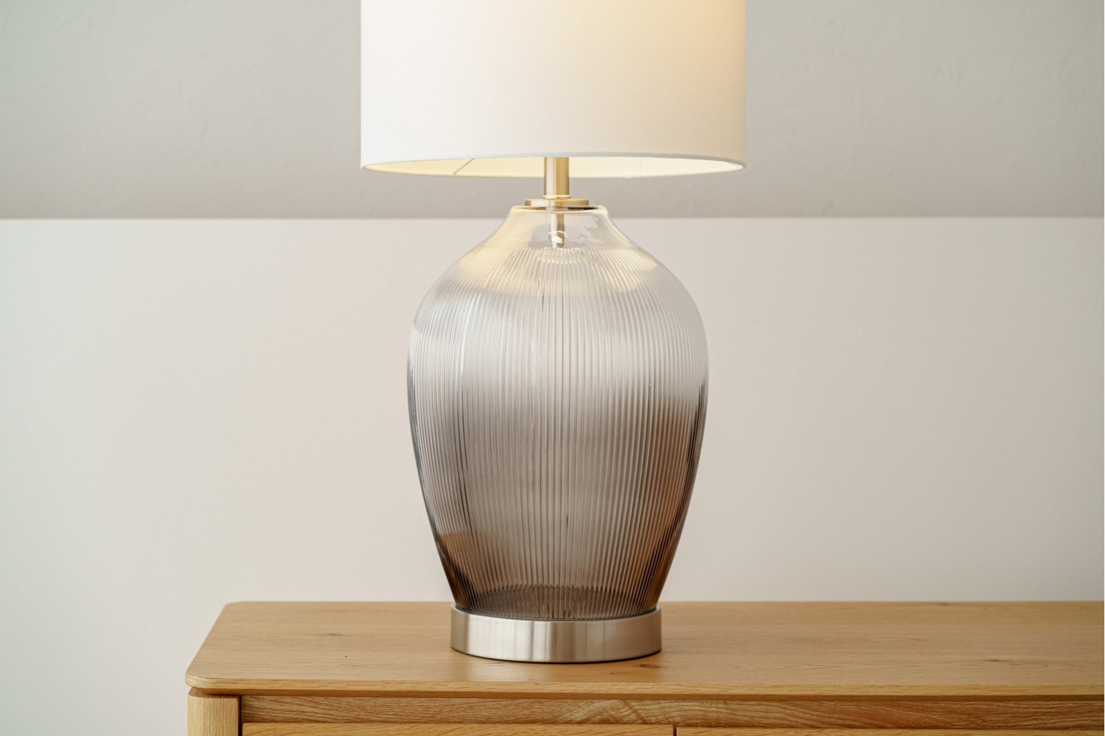 ARC TABLE LAMP. GREY SMOKED GLASS WITH LAMPSHADE