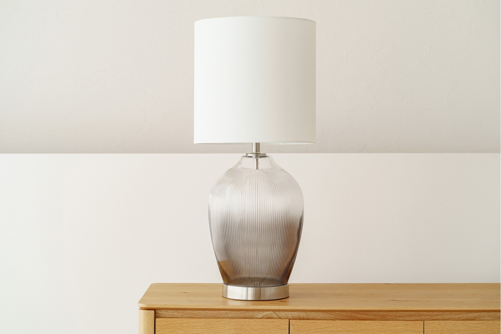 ARC TABLE LAMP. GREY SMOKED GLASS WITH LAMPSHADE