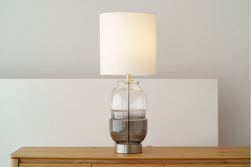 EDA TABLE LAMP. SMOKED GREY GLASS WITH LAMPSHADE