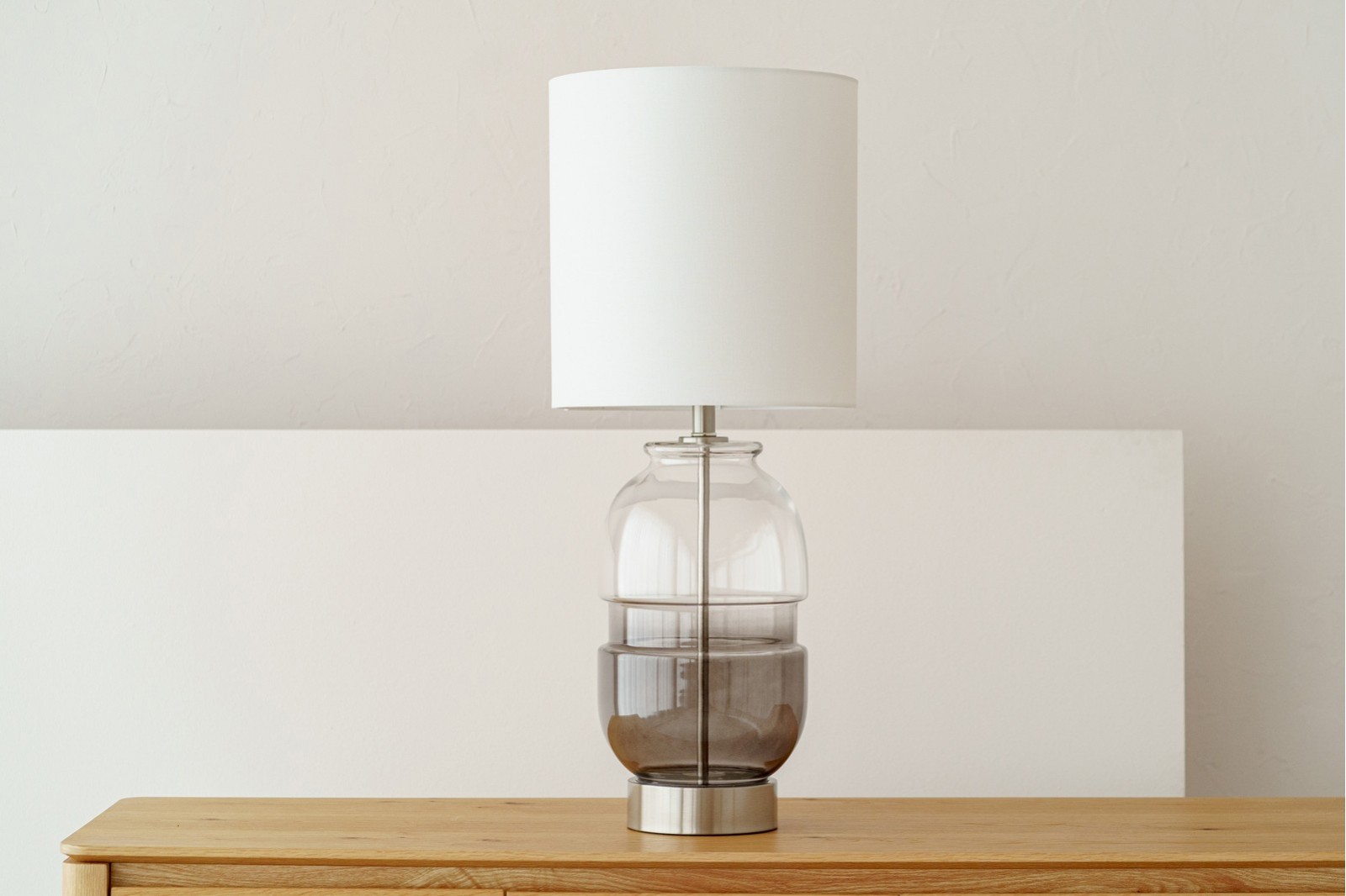 EDA TABLE LAMP. SMOKED GREY GLASS WITH LAMPSHADE