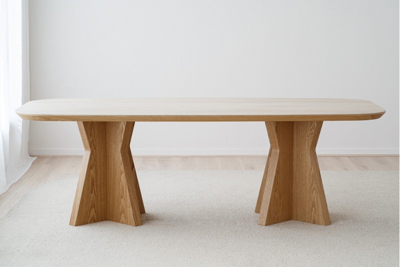 DINING TABLE LINE. MATT BEIGE CERAMIC AND ASH BASE