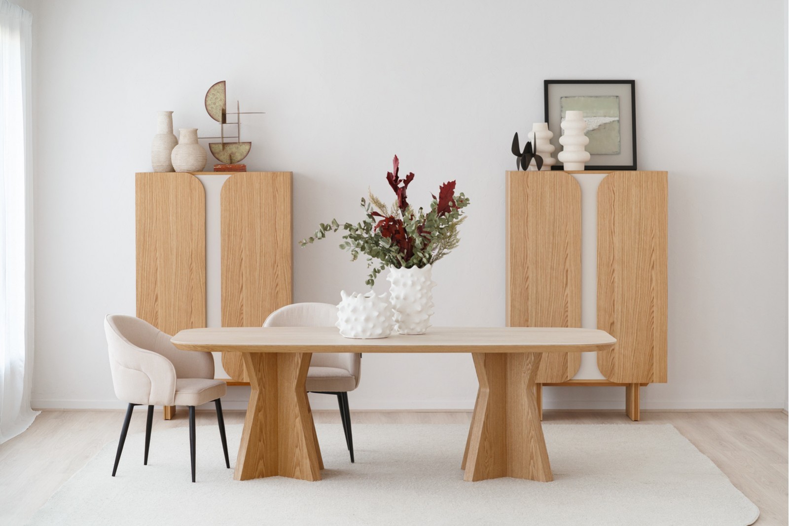 DINING TABLE LINE. MATT BEIGE CERAMIC AND ASH BASE