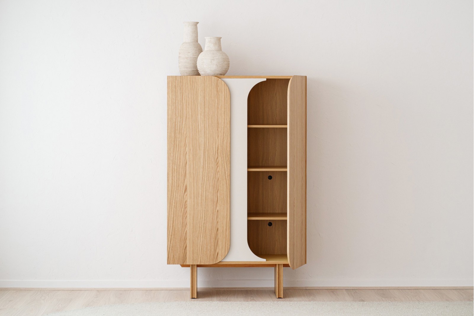 CURVE CABINET. NATURAL OAK AND SAND GRAY