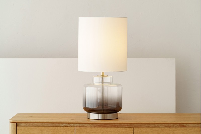 TEA TABLE LAMP. SMOKED GLASS WITH LAMPSHADE