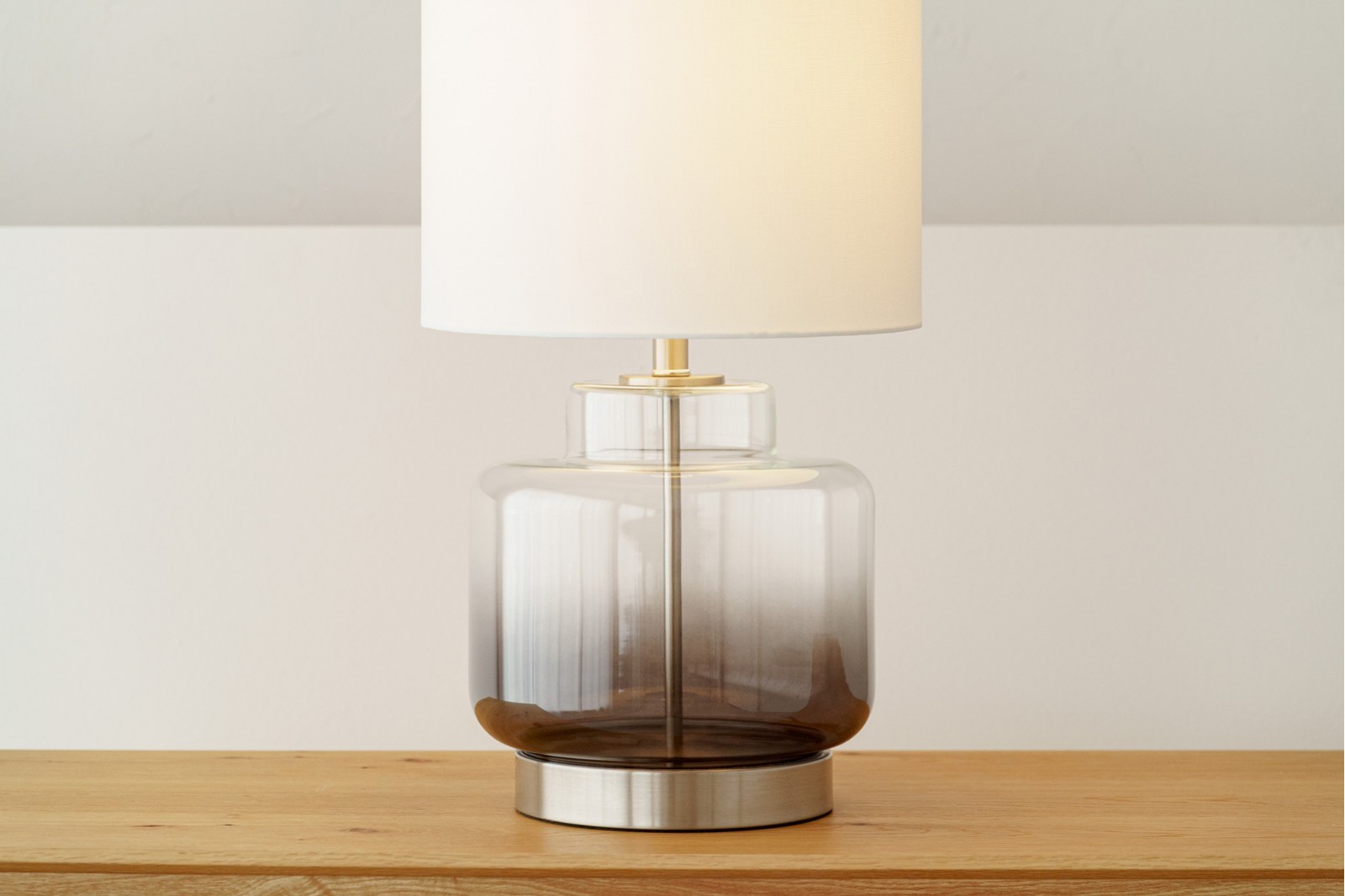 TEA TABLE LAMP. SMOKED GLASS WITH LAMPSHADE