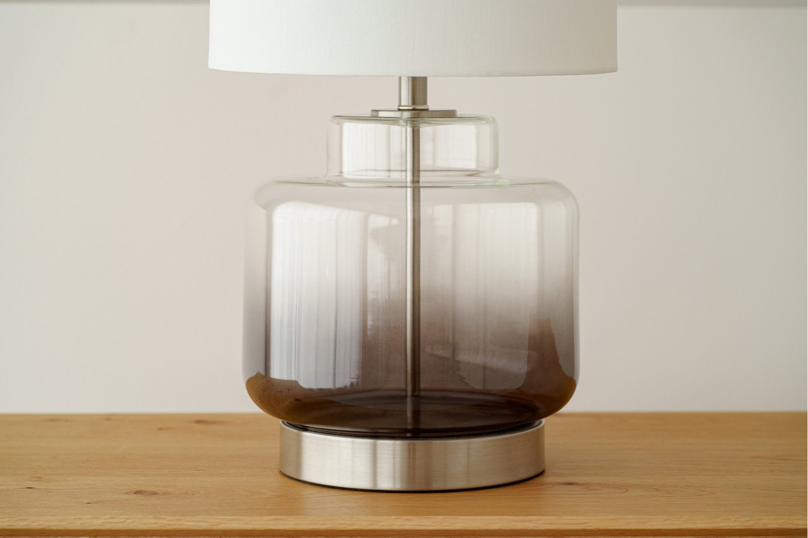 TEA TABLE LAMP. SMOKED GLASS WITH LAMPSHADE