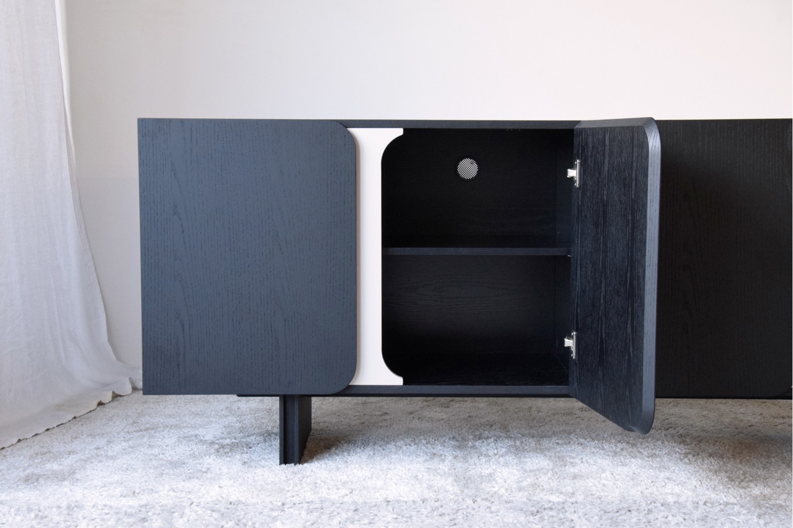 CURVE SIDEBOARD. BLACK OAK AND SAND GRAY