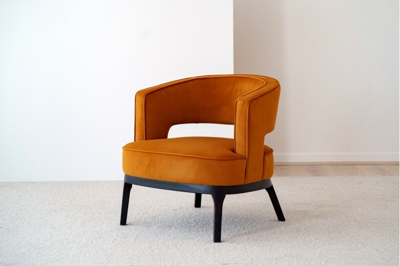 ARMCHAIR. MUSTARD VELVET AND BLACK ASH