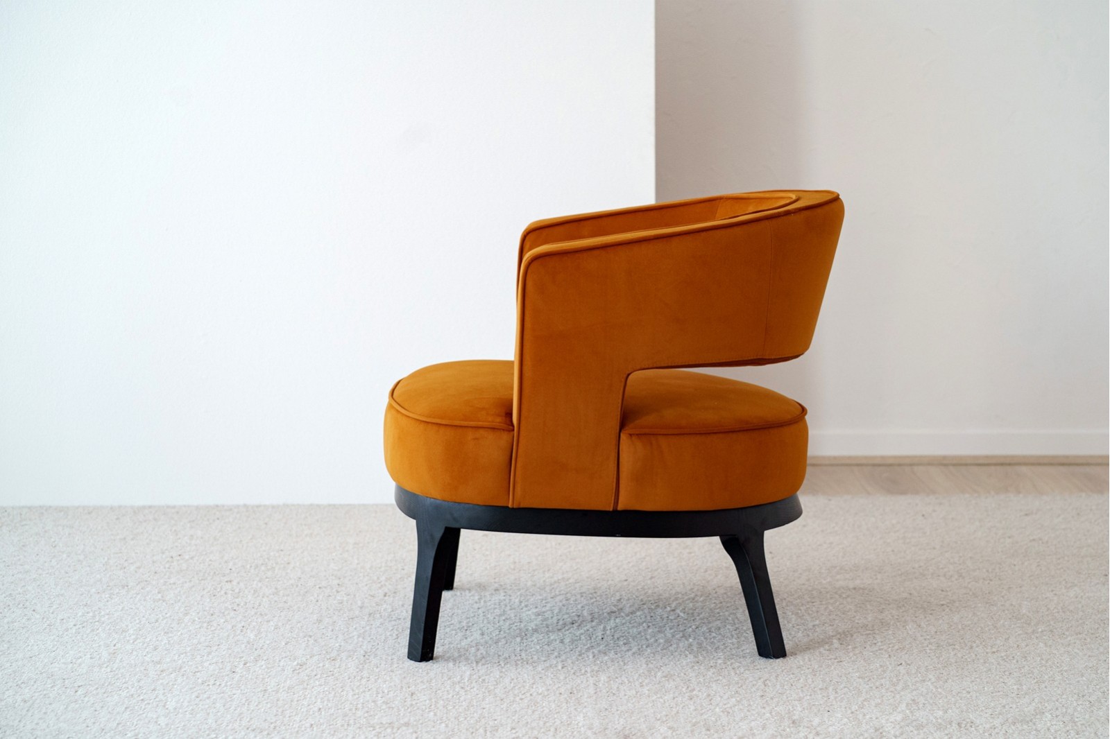 ARMCHAIR. MUSTARD VELVET AND BLACK ASH