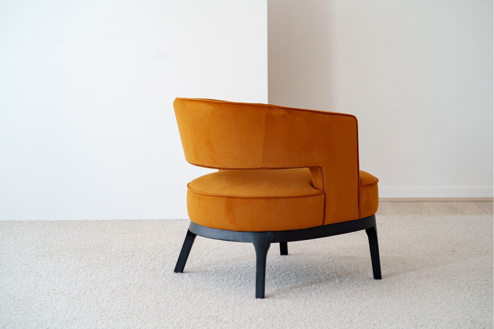 ARMCHAIR. MUSTARD VELVET AND BLACK ASH