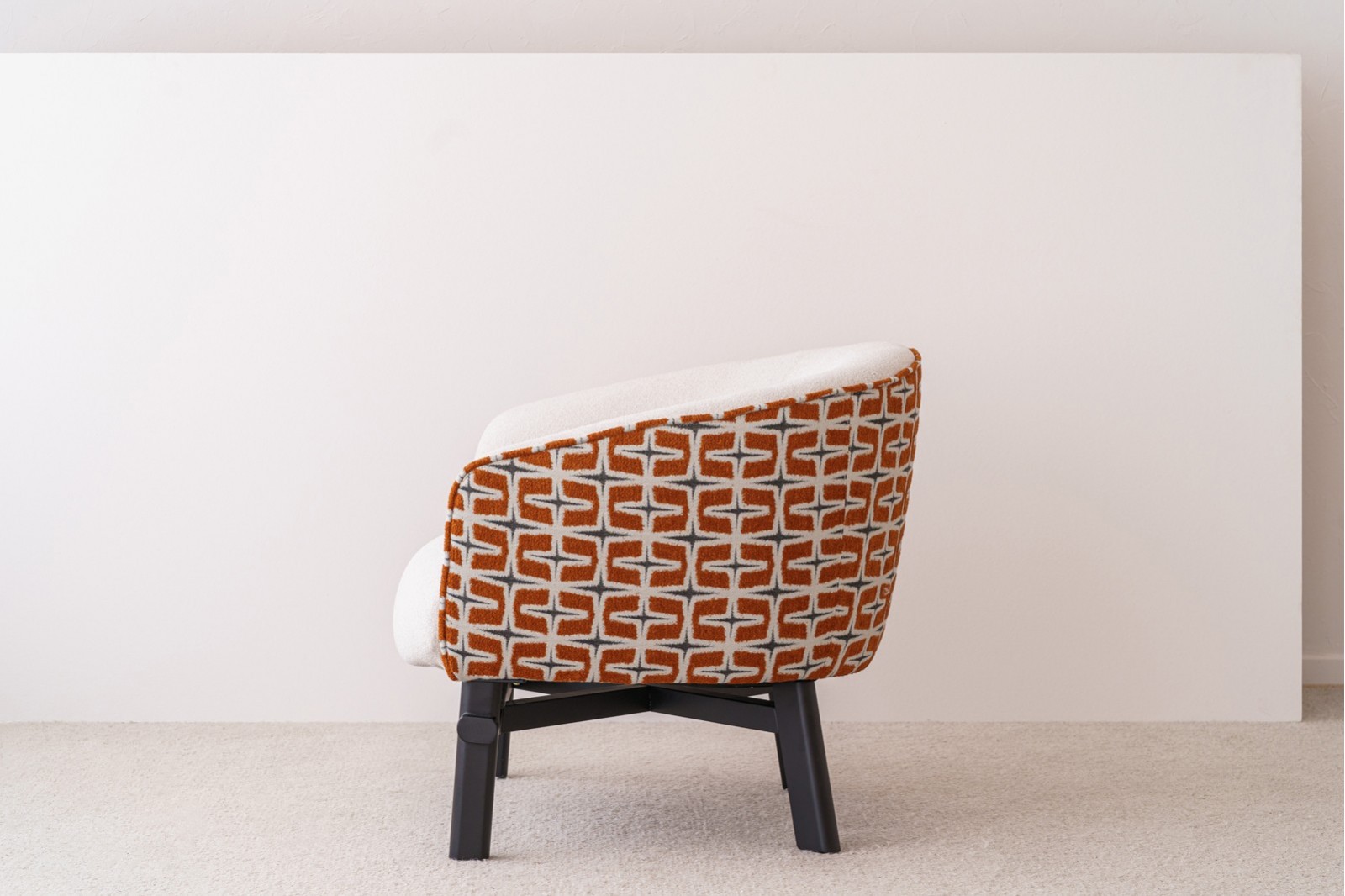 ARMCHAIR. ORANGE BEIGE UPHOLSTERED. SOLID WOOD