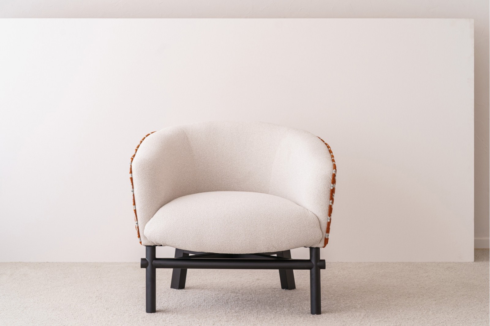 ARMCHAIR. ORANGE BEIGE UPHOLSTERED. SOLID WOOD