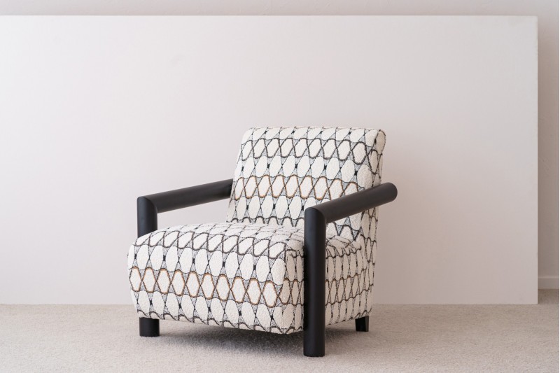 ARMCHAIR. GEOMETRIC BEIGE UPHOLSTERED.