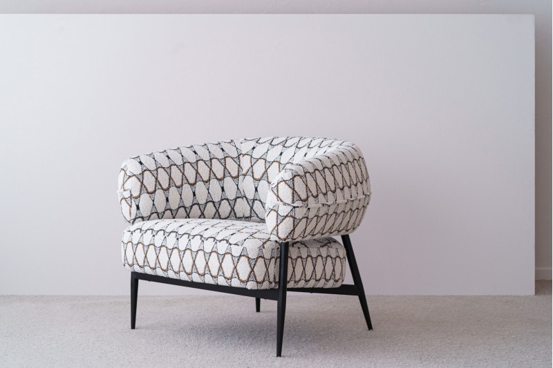 ARMCHAIR. ROUND. GEOMETRIC BEIGE UPHOLSTERED