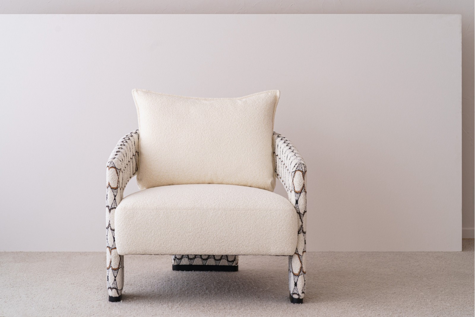 ARMCHAIR. BEIGE AND PATTERN UPHOLSTERED DOUBLE 