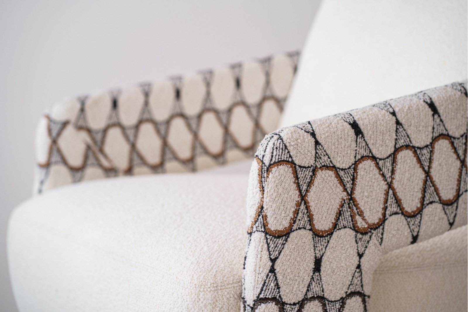 ARMCHAIR. BEIGE AND PATTERN UPHOLSTERED DOUBLE 