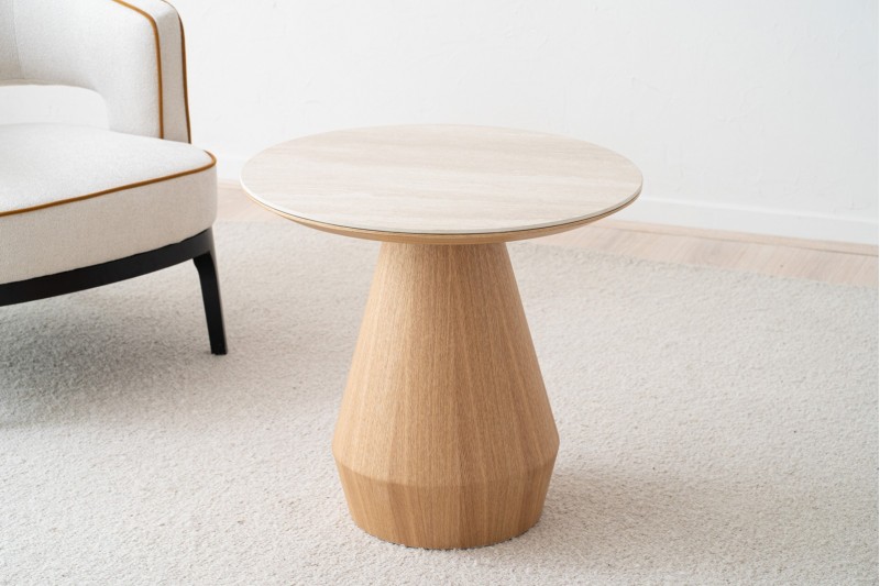 SIDE TABLE NATURAL ASH AND BEIGE CERAMIC