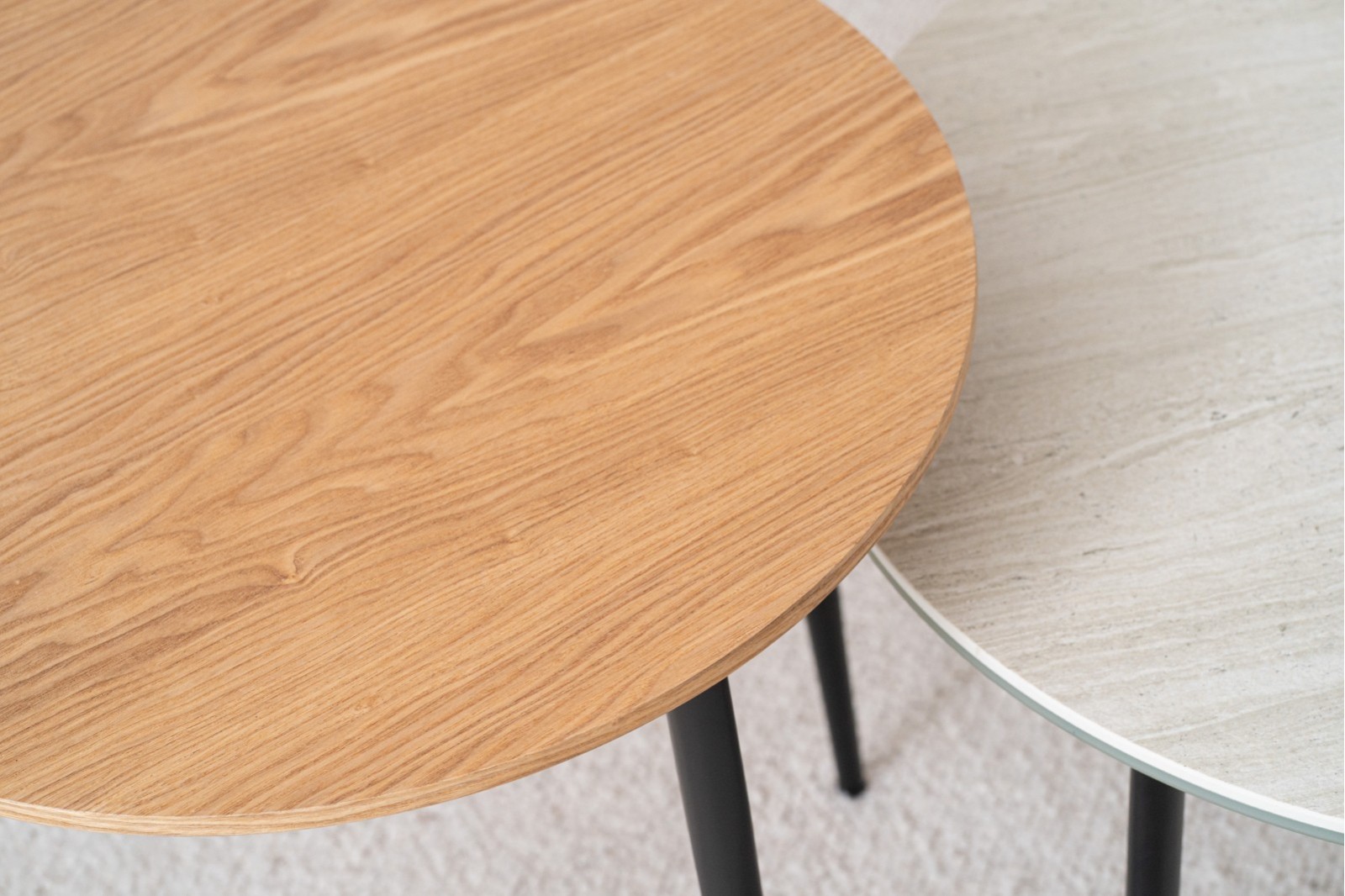 ROUND SIDE TABLE.NATURAL ASH VENEER.BLACK METAL