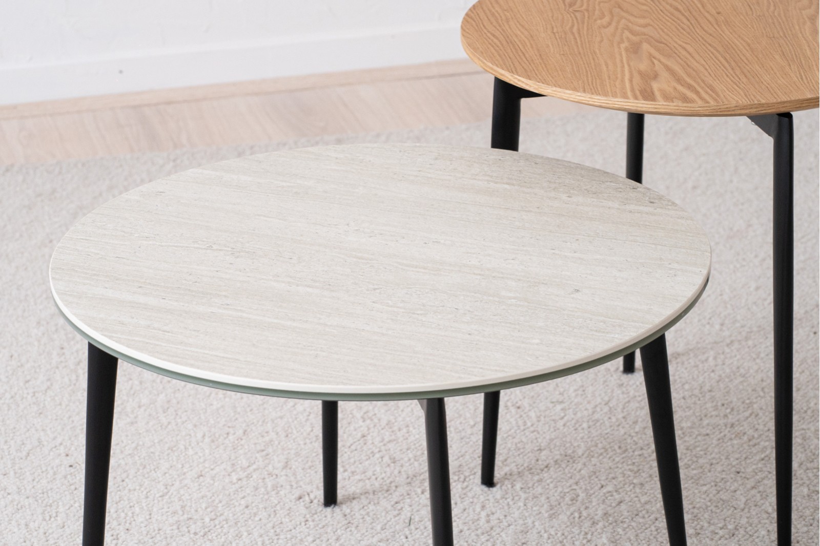 ROUND SIDE TABLE.NATURAL ASH VENEER.BLACK METAL