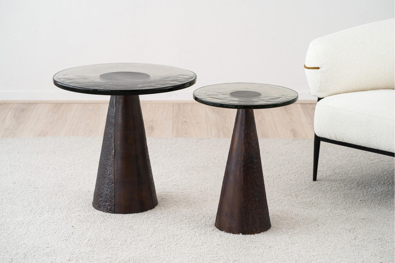 KALA SIDE TABLES: AGED BRASS AND GLASS