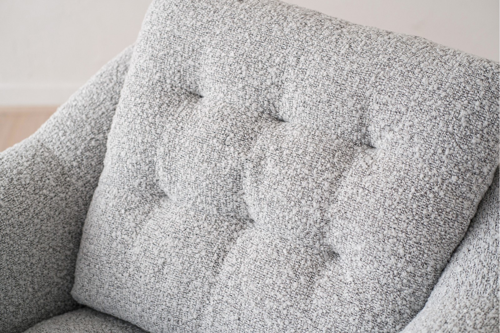 ARMCHAIR AND PUOF. WALNUT AND BOUCLE WHITE BLACK