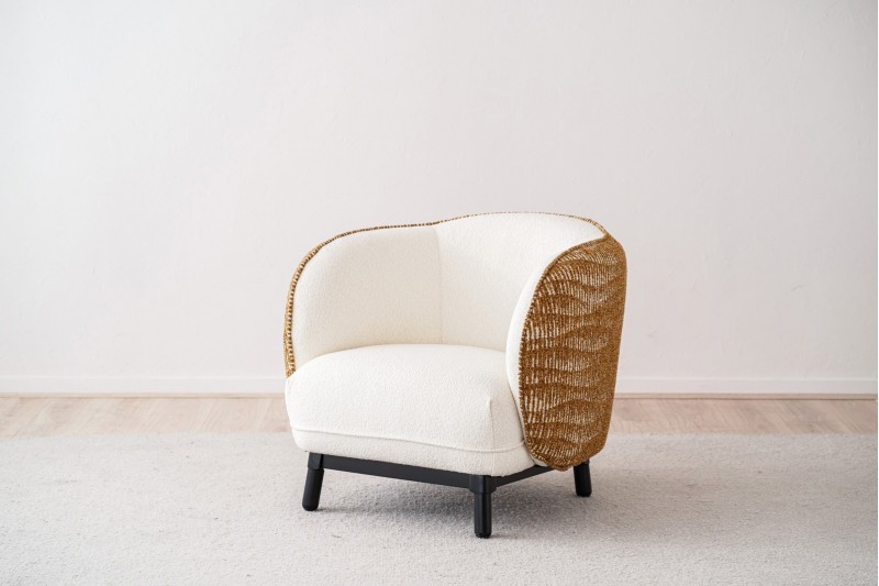 CURVED ARMCHAIR.WHITE AND MUSTARD
