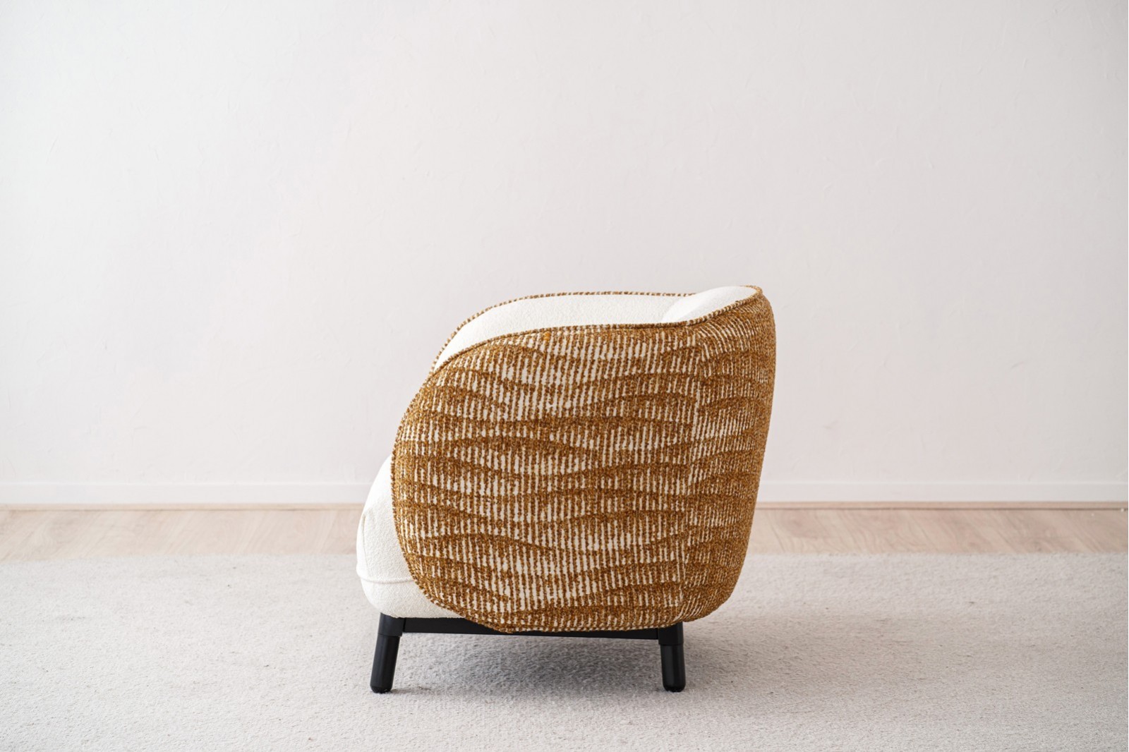 CURVED ARMCHAIR.WHITE AND MUSTARD