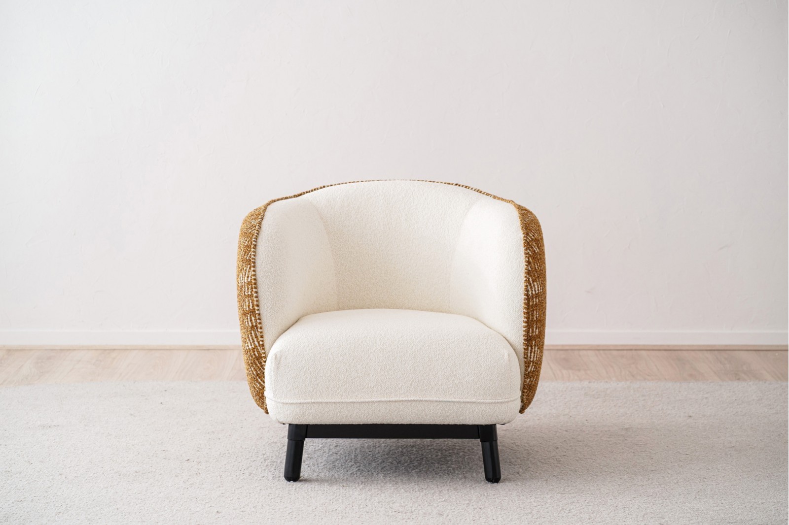 CURVED ARMCHAIR.WHITE AND MUSTARD