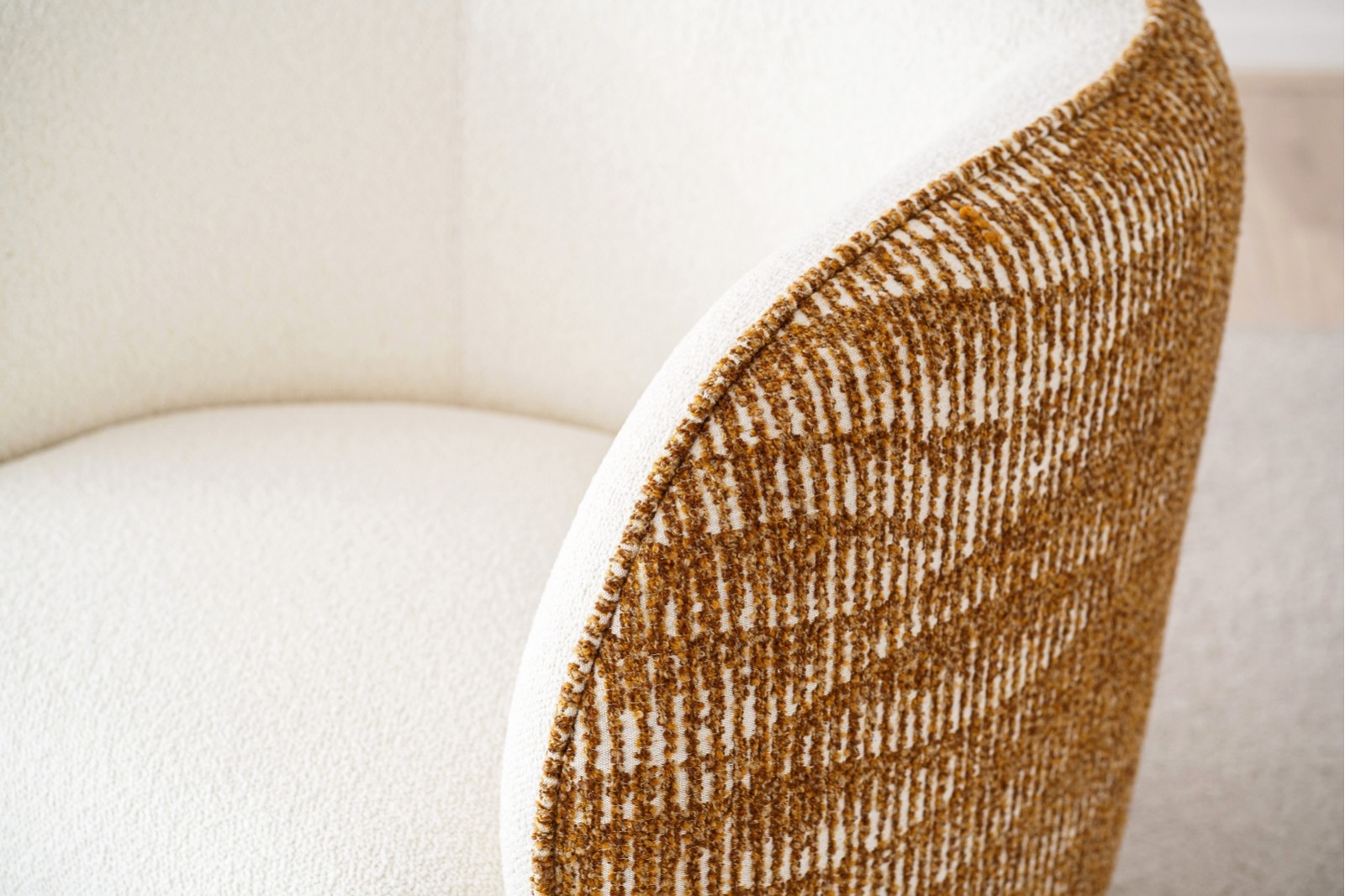 CURVED ARMCHAIR.WHITE AND MUSTARD
