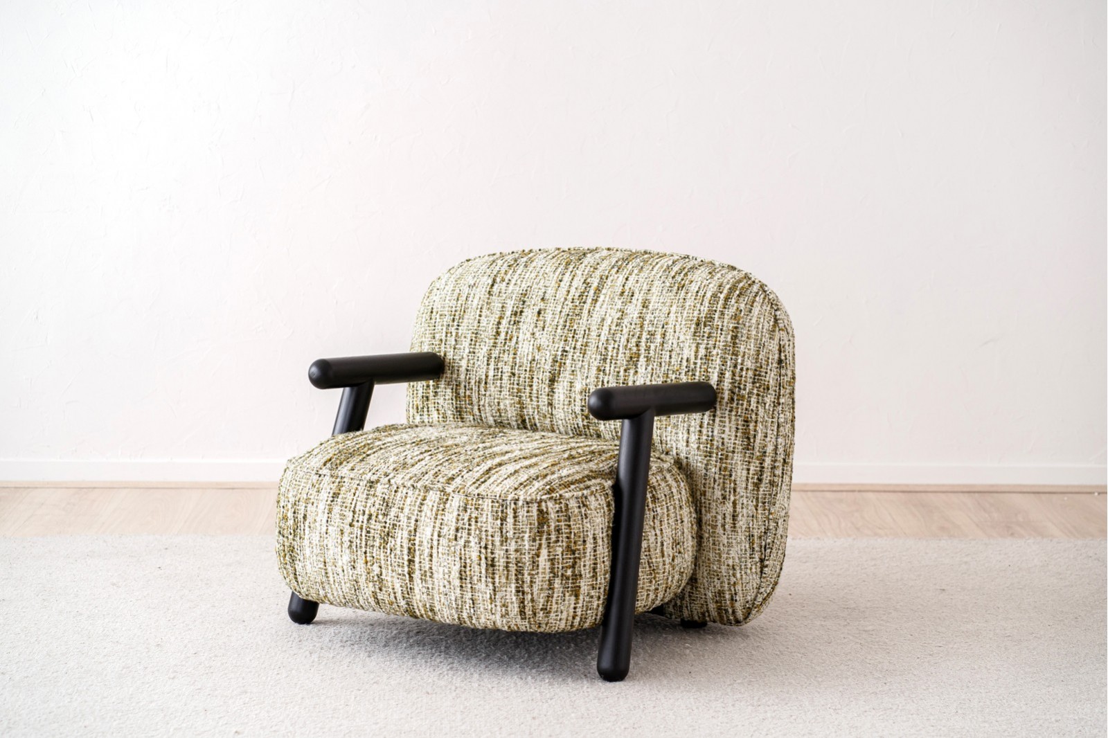 ARMCHAIR. UPHOLSTERED WITH GREEN WHITE PRINT
