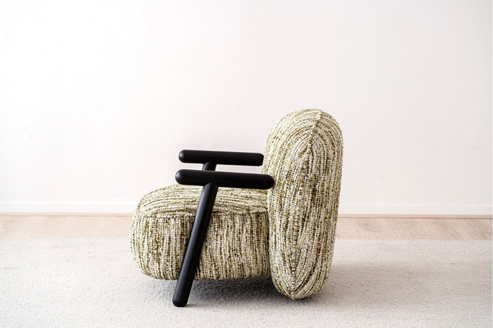 ARMCHAIR. UPHOLSTERED WITH GREEN WHITE PRINT