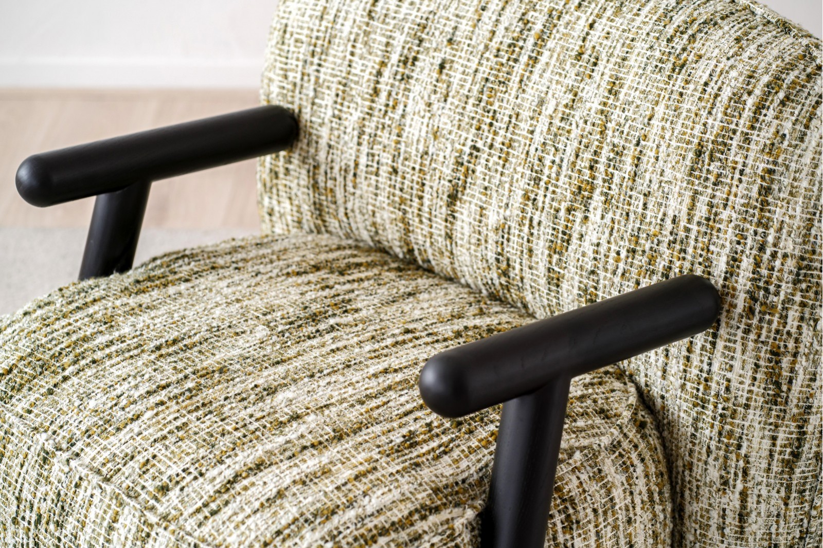ARMCHAIR. UPHOLSTERED WITH GREEN WHITE PRINT