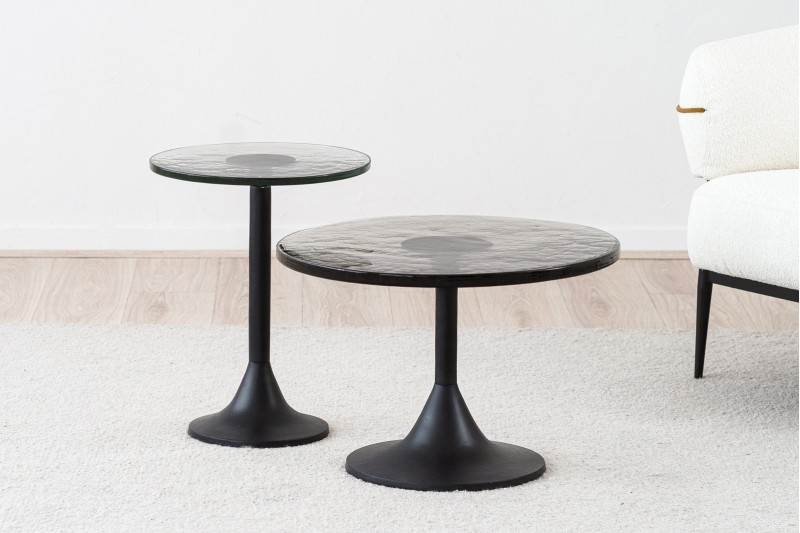 TULIP SIDE TABLES: BLACK AND GLASS
