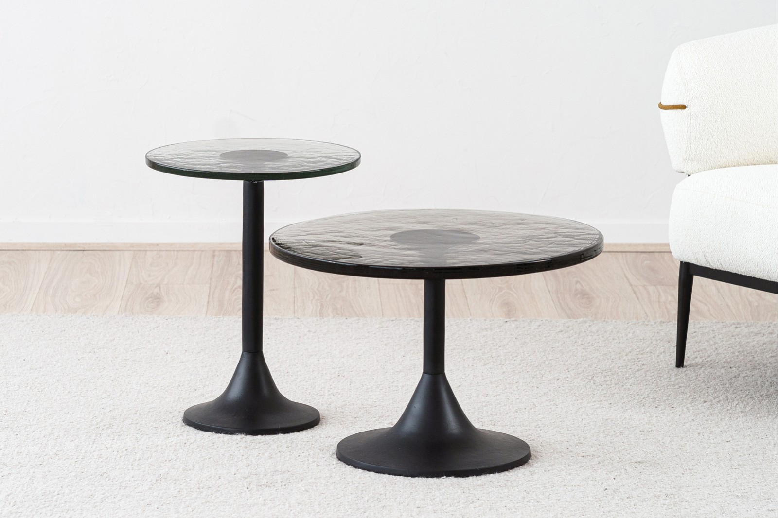 TULIP SIDE TABLES: BLACK AND GLASS