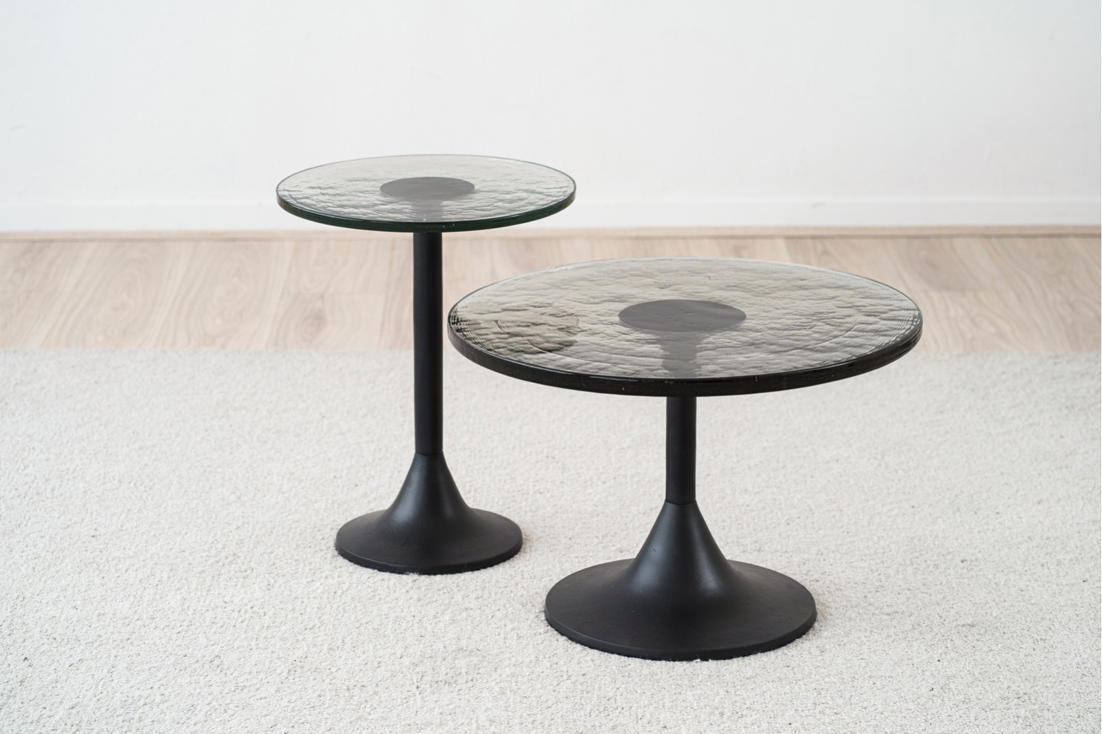 TULIP SIDE TABLES: BLACK AND GLASS