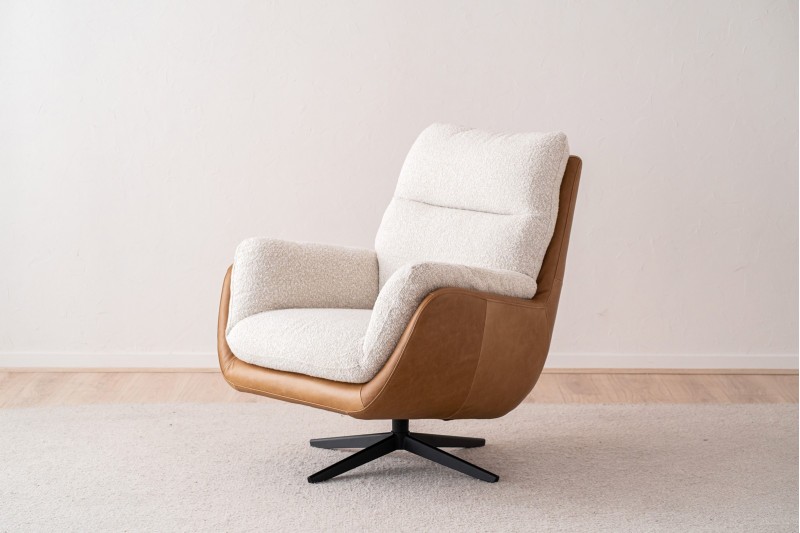 SWIVEL ARMCHAIR. LEATHER & BOUCLE FABRIC