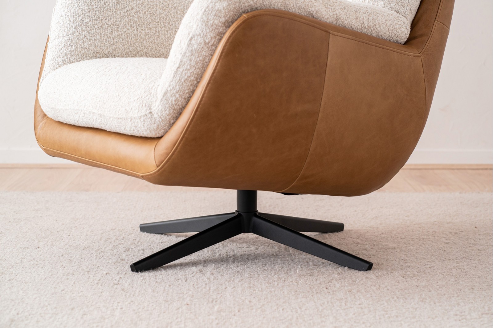 SWIVEL ARMCHAIR. LEATHER & BOUCLE FABRIC