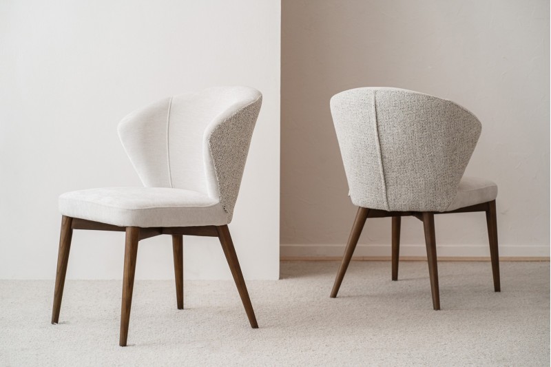 SET OF 2 EVA DINING CHAIRS. BEIGE GREY AND WALNUT