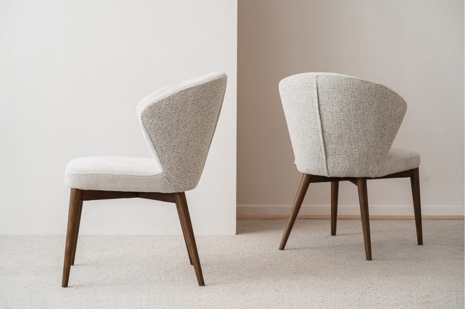 SET OF 2 EVA DINING CHAIRS. BEIGE GREY AND WALNUT