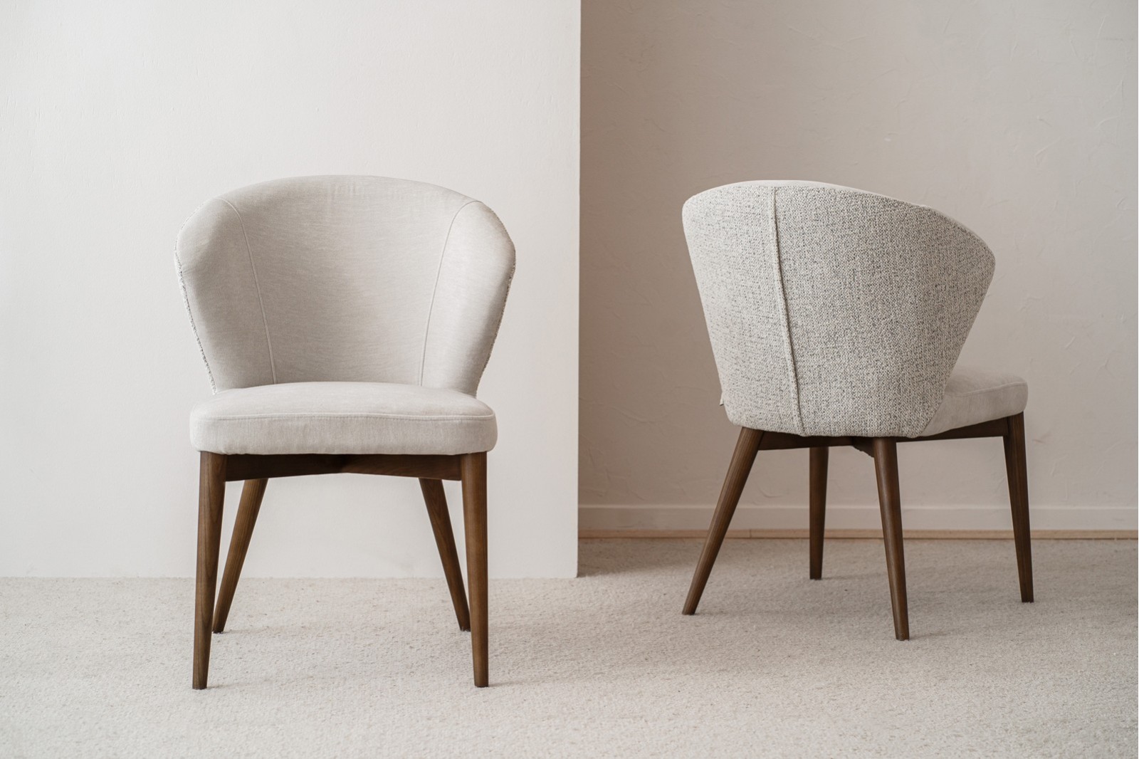 SET OF 2 EVA DINING CHAIRS. BEIGE GREY AND WALNUT