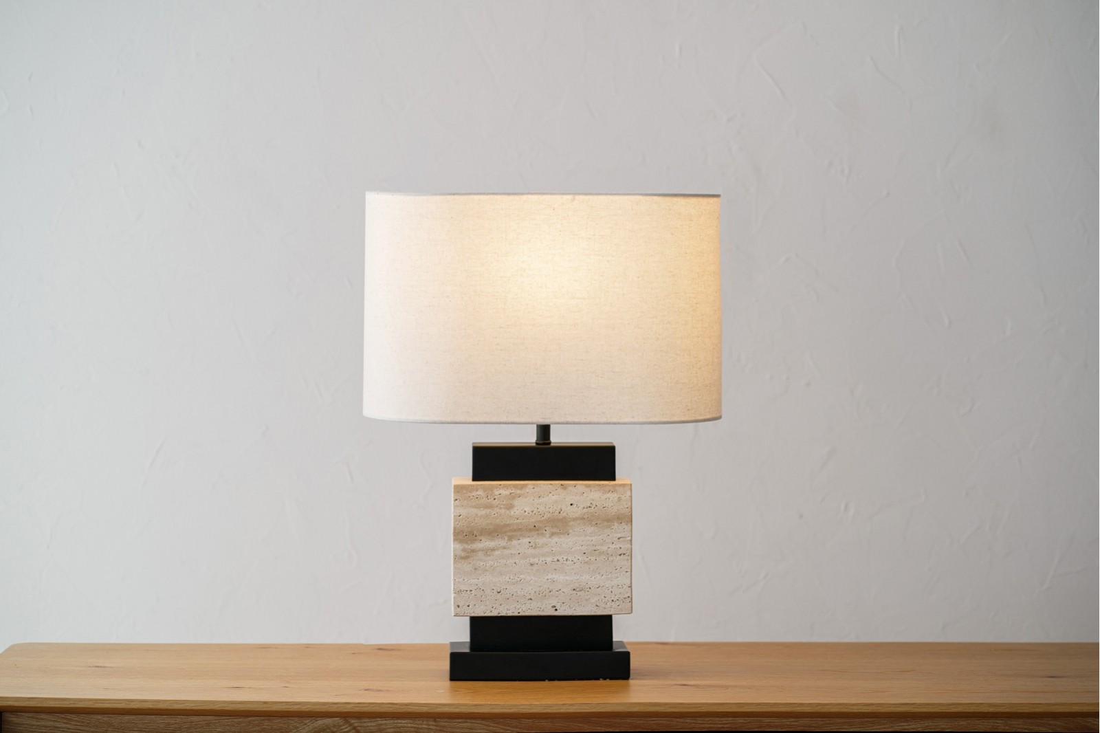 LARA TABLE LAMP. TRAVERTINE METAL LINEN